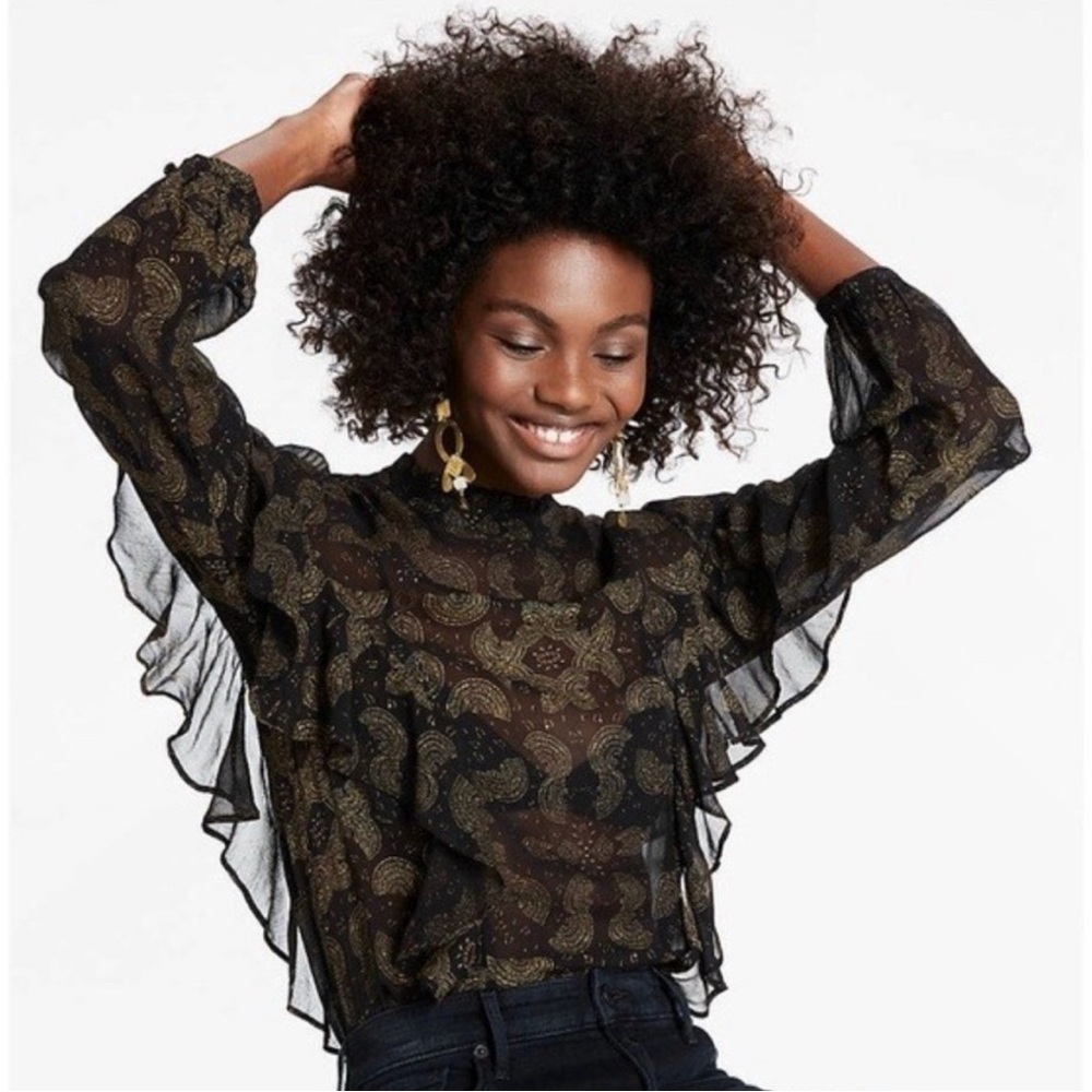 Lucky Brand Black and Brown Sheer Ruffled Blouse